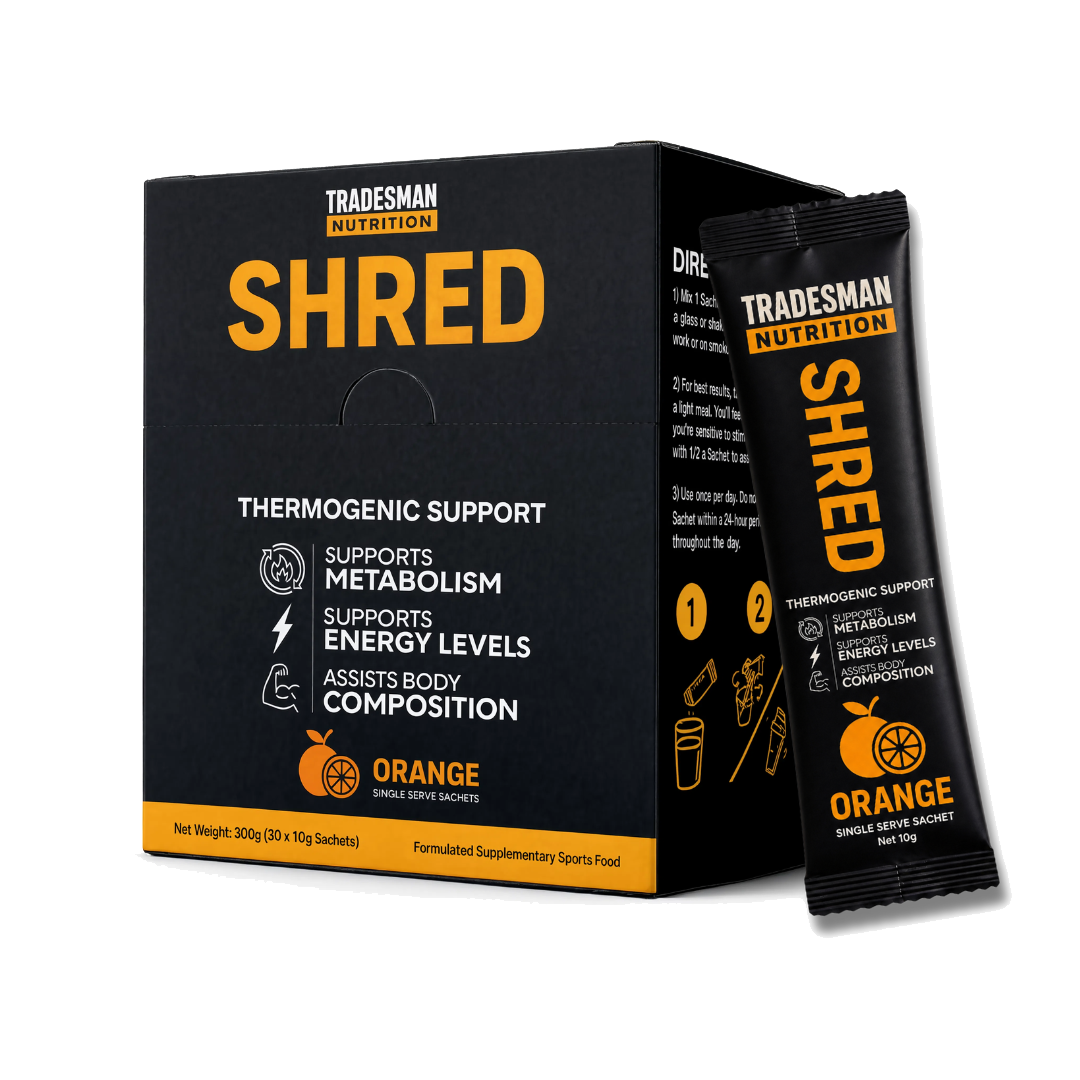 Tradesman Nutrition Shred Orange box and single-serve sachet
